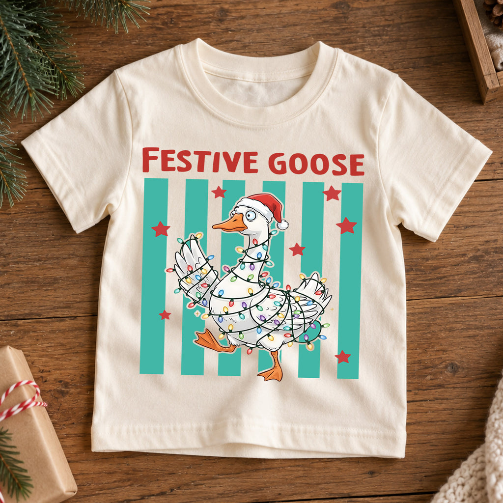 Festive Goose Kids Christmas Shirt, Funny Goose Christmas Lights Tee, Santa Hat Goose Holiday T Shirt, Cute Xmas Gift for Kids — product view 7