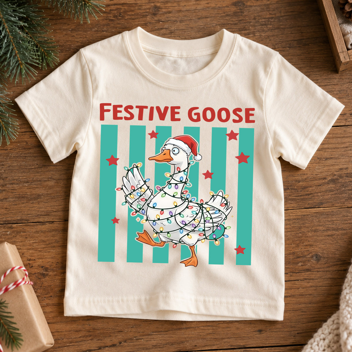 Festive Goose Kids Christmas Shirt, Funny Goose Christmas Lights Tee, Santa Hat Goose Holiday T Shirt, Cute Xmas Gift for Kids — product view 7