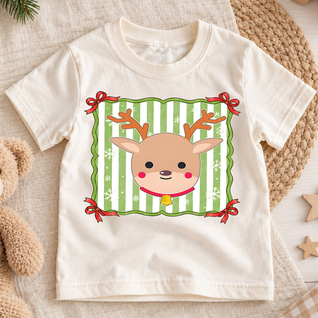 Cute Reindeer Kids Christmas Shirt, Green Stripe Reindeer Tee, Simple Holiday Reindeer Shirt for Kids, Cute Festive Christmas Outfit and Gift — product view 1
