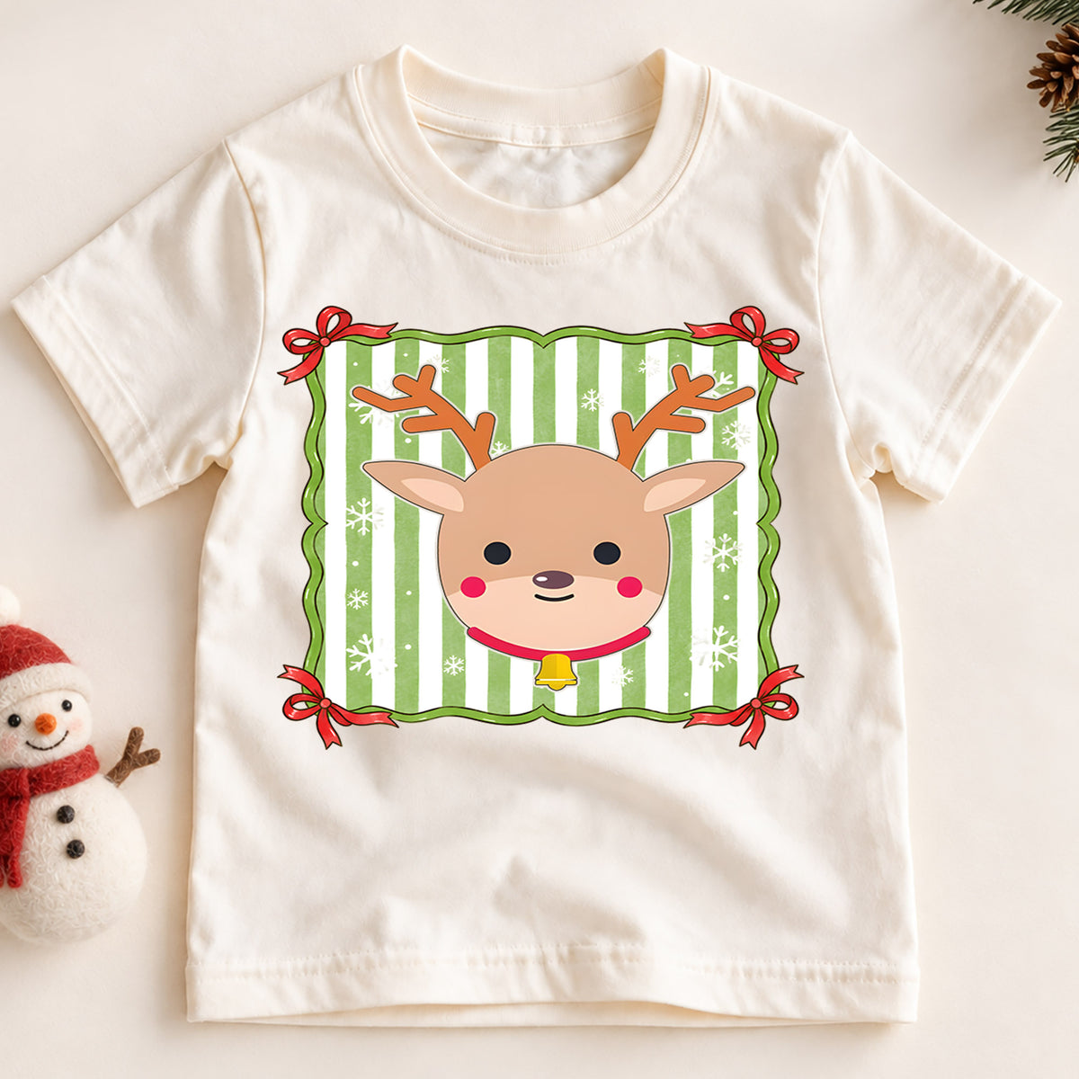 Cute Reindeer Kids Christmas Shirt, Green Stripe Reindeer Tee, Simple Holiday Reindeer Shirt for Kids, Cute Festive Christmas Outfit and Gift — product view 2