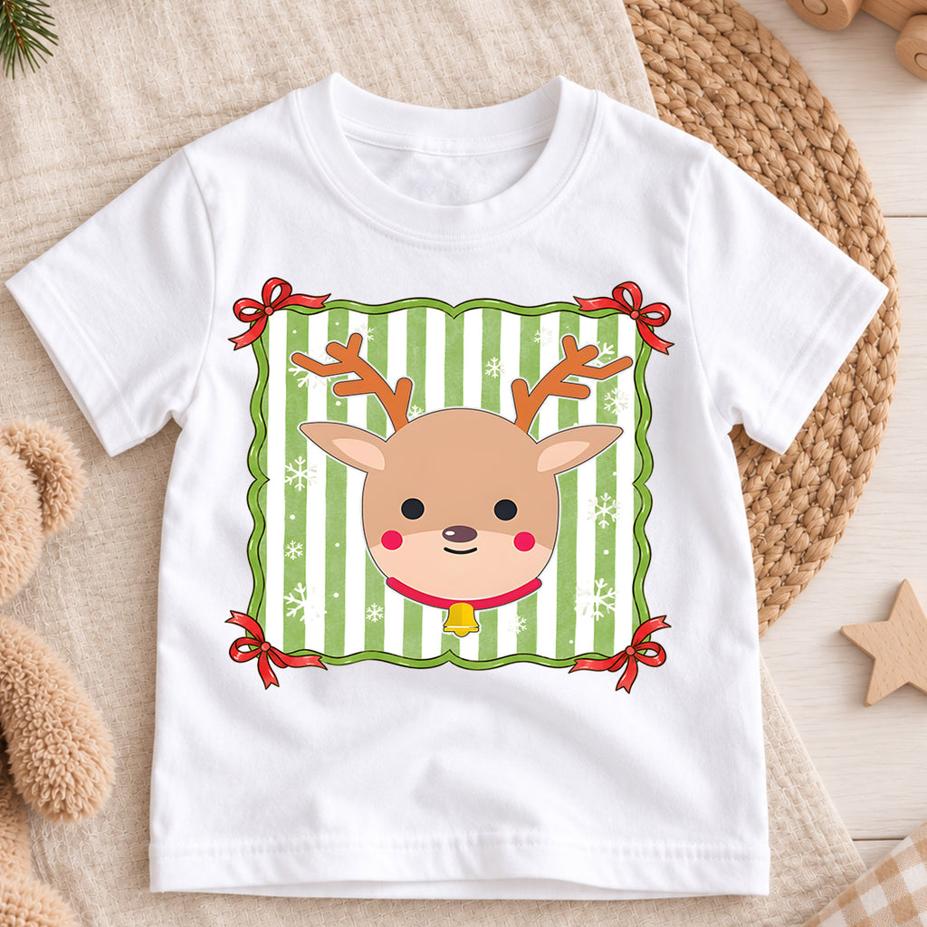 Cute Reindeer Kids Christmas Shirt, Green Stripe Reindeer Tee, Simple Holiday Reindeer Shirt for Kids, Cute Festive Christmas Outfit and Gift — product view 3