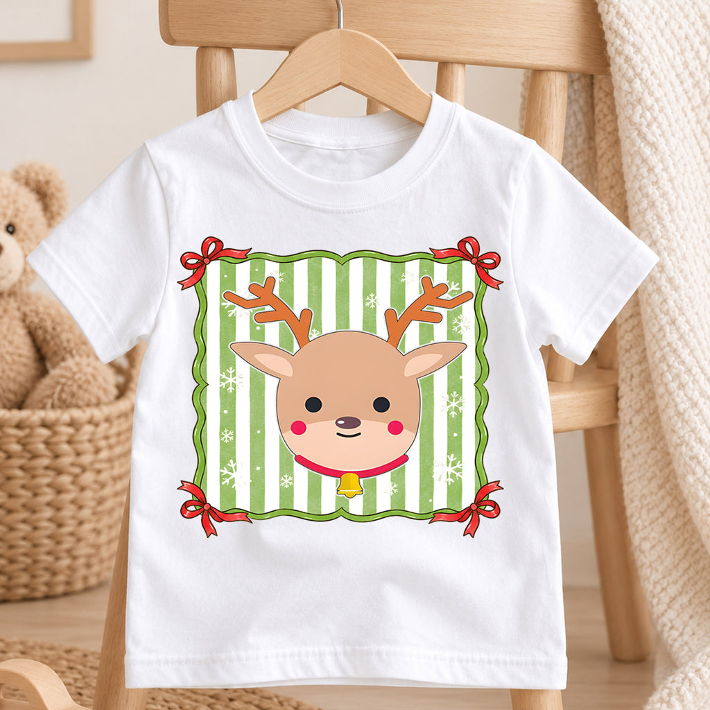 Cute Reindeer Kids Christmas Shirt, Green Stripe Reindeer Tee, Simple Holiday Reindeer Shirt for Kids, Cute Festive Christmas Outfit and Gift — product view 4