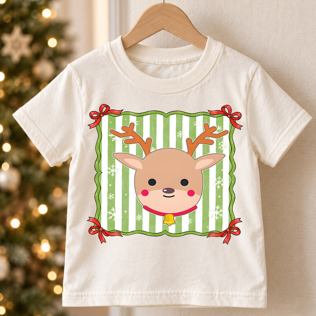 Cute Reindeer Kids Christmas Shirt, Green Stripe Reindeer Tee, Simple Holiday Reindeer Shirt for Kids, Cute Festive Christmas Outfit and Gift — product view 5