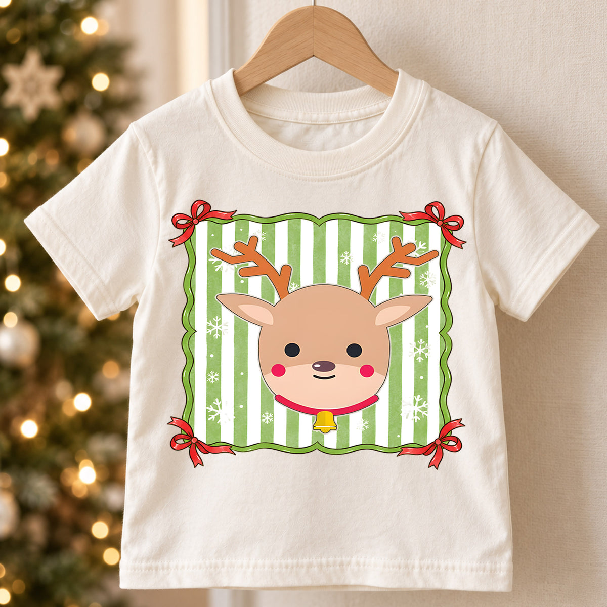 Cute Reindeer Kids Christmas Shirt, Green Stripe Reindeer Tee, Simple Holiday Reindeer Shirt for Kids, Cute Festive Christmas Outfit and Gift — product view 5