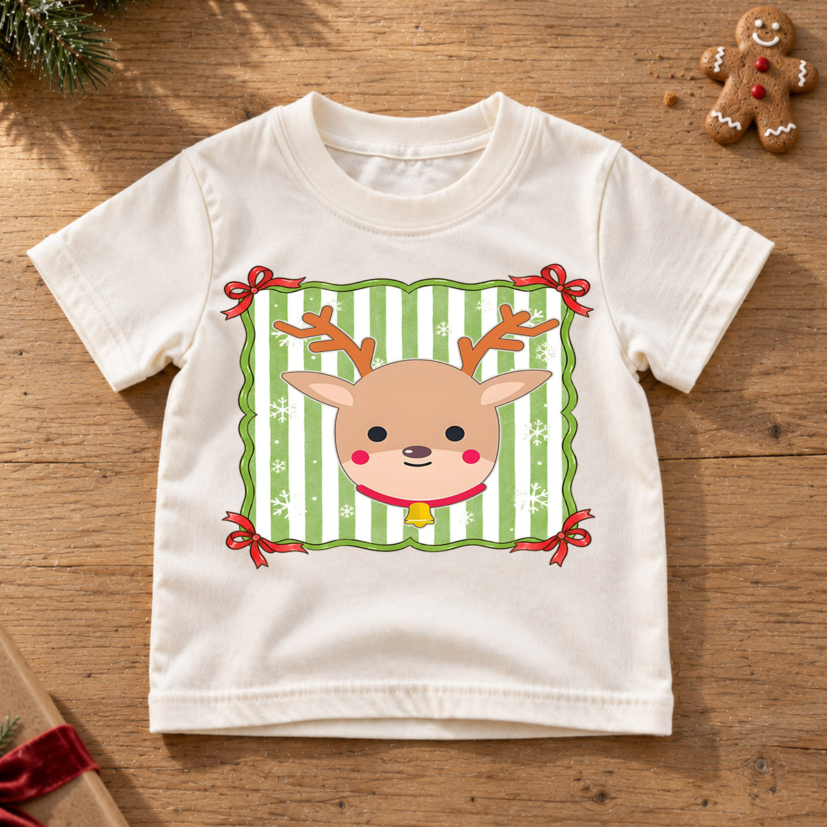 Cute Reindeer Kids Christmas Shirt, Green Stripe Reindeer Tee, Simple Holiday Reindeer Shirt for Kids, Cute Festive Christmas Outfit and Gift — product view 6