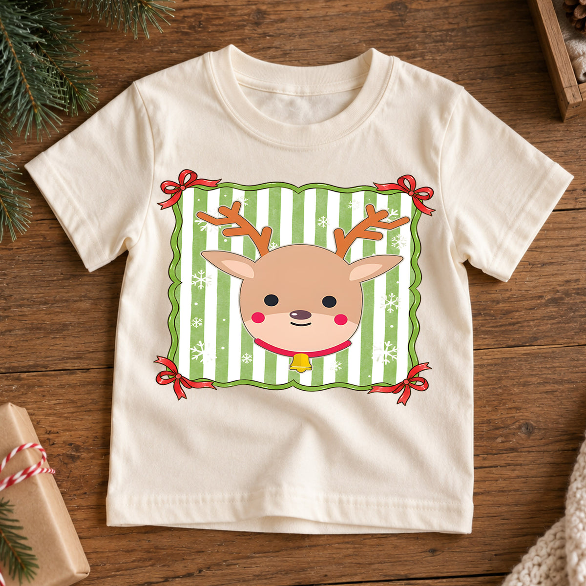 Cute Reindeer Kids Christmas Shirt, Green Stripe Reindeer Tee, Simple Holiday Reindeer Shirt for Kids, Cute Festive Christmas Outfit and Gift — product view 7
