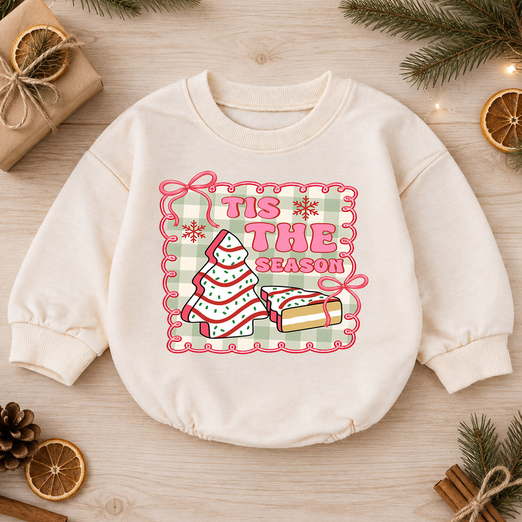 Vintage Christmas Baby Romper, Tis the Season Cookie Tree Outfit, Pink Holiday Romper, Cute Toddler 1st Christmas Gift — product view 1