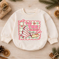 Vintage Christmas Baby Romper, Tis the Season Cookie Tree Outfit, Pink Holiday Romper, Cute Toddler 1st Christmas Gift — product view 1