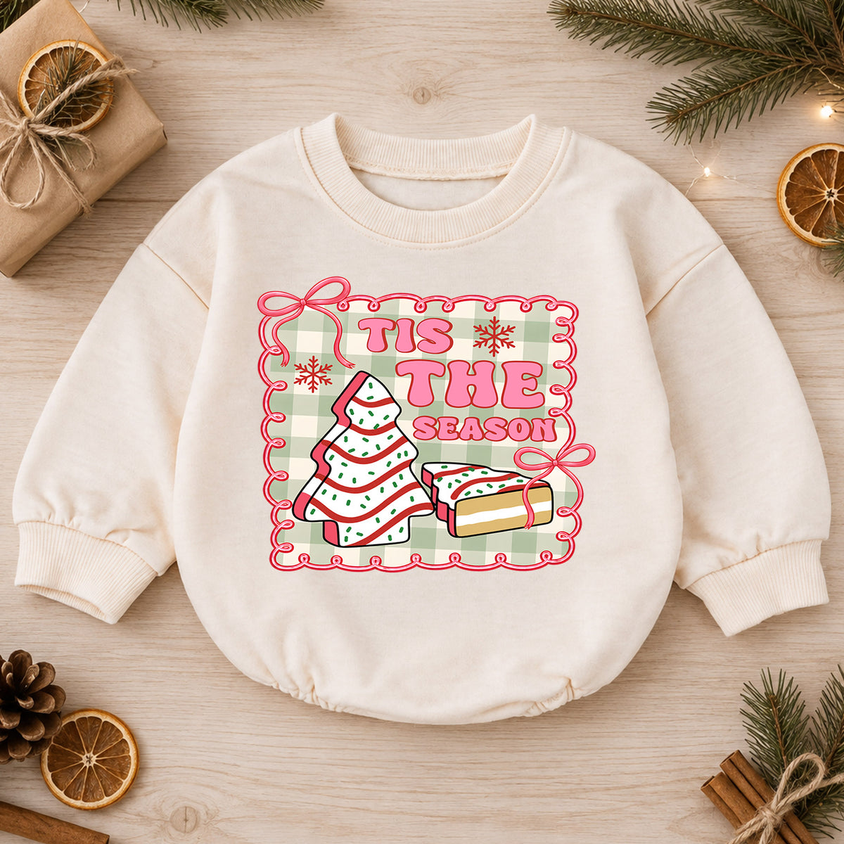 Vintage Christmas Baby Romper, Tis the Season Cookie Tree Outfit, Pink Holiday Romper, Cute Toddler 1st Christmas Gift — product view 1