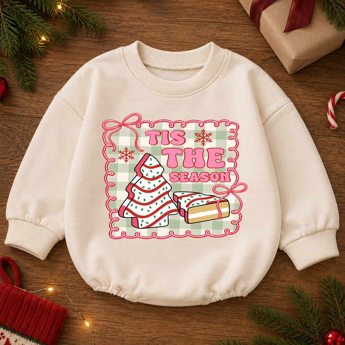 Vintage Christmas Baby Romper, Tis the Season Cookie Tree Outfit, Pink Holiday Romper, Cute Toddler 1st Christmas Gift — product view 2