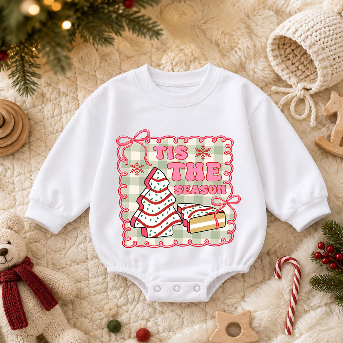 Vintage Christmas Baby Romper, Tis the Season Cookie Tree Outfit, Pink Holiday Romper, Cute Toddler 1st Christmas Gift — product view 3
