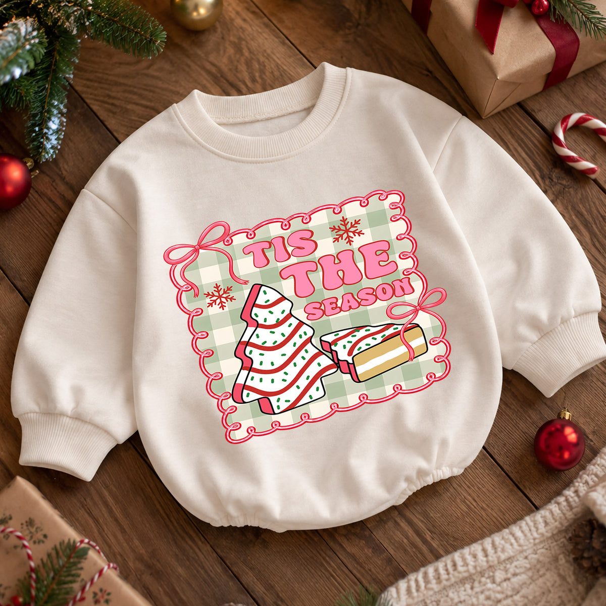 Vintage Christmas Baby Romper, Tis the Season Cookie Tree Outfit, Pink Holiday Romper, Cute Toddler 1st Christmas Gift — product view 5