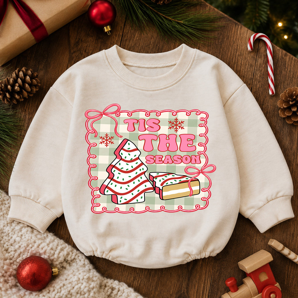 Vintage Christmas Baby Romper, Tis the Season Cookie Tree Outfit, Pink Holiday Romper, Cute Toddler 1st Christmas Gift — product view 6