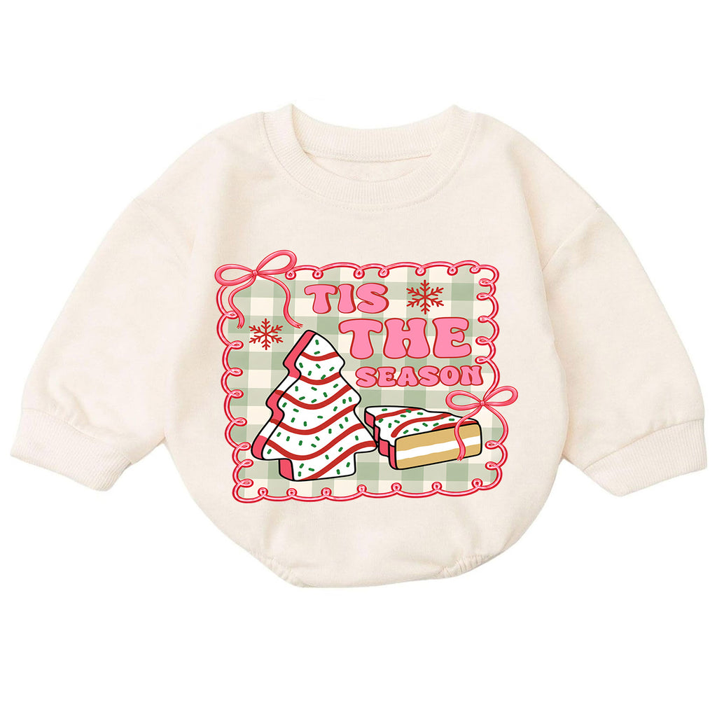 Vintage Christmas Baby Romper, Tis the Season Cookie Tree Outfit, Pink Holiday Romper, Cute Toddler 1st Christmas Gift — product view 7