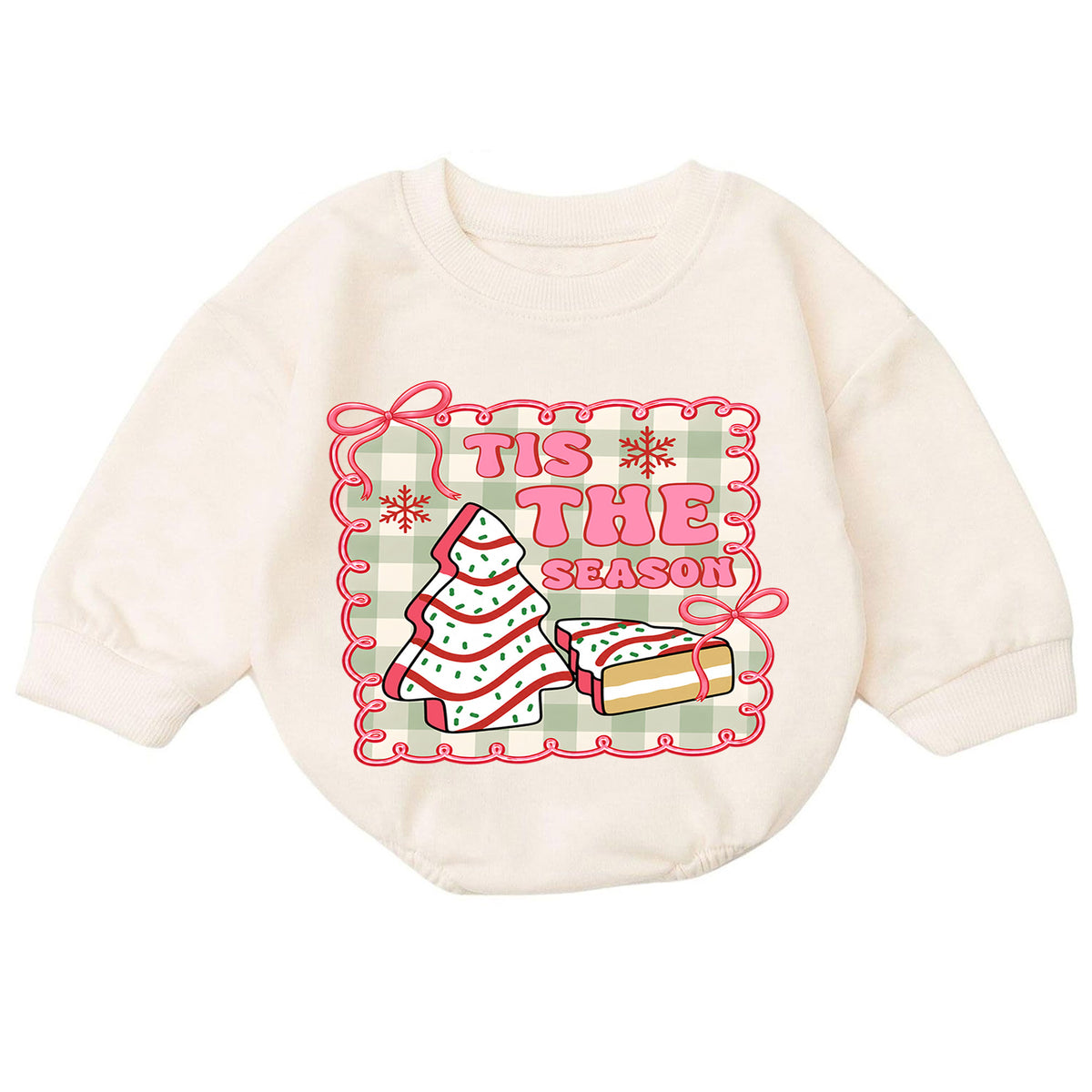 Vintage Christmas Baby Romper, Tis the Season Cookie Tree Outfit, Pink Holiday Romper, Cute Toddler 1st Christmas Gift — product view 7