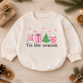 Christmas Girl Baby Romper, Tis the Season Pink Holiday Outfit, Tree Gift Cupcake Romper, Cute Toddler 1st Christmas Gift — product view 1