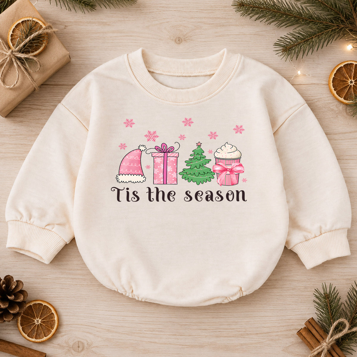 Christmas Girl Baby Romper, Tis the Season Pink Holiday Outfit, Tree Gift Cupcake Romper, Cute Toddler 1st Christmas Gift — product view 1