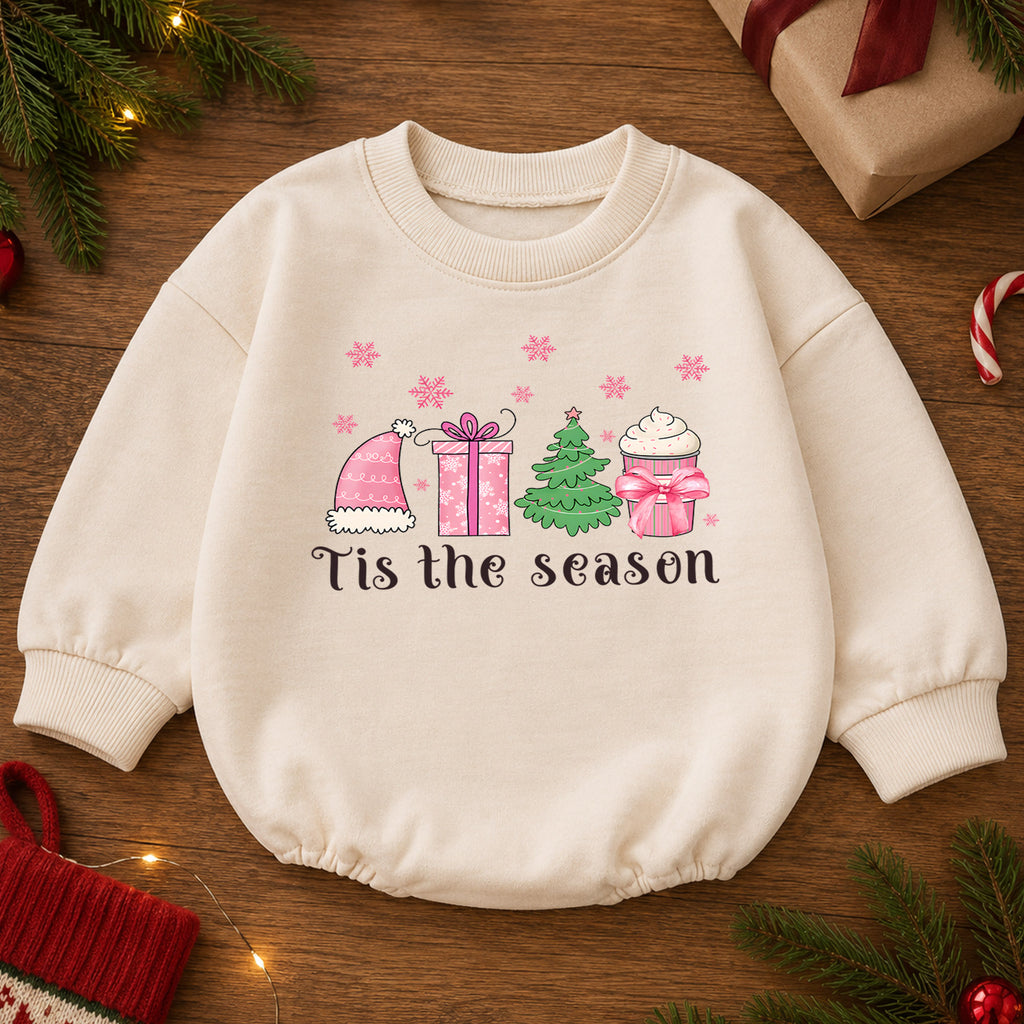 Christmas Girl Baby Romper, Tis the Season Pink Holiday Outfit, Tree Gift Cupcake Romper, Cute Toddler 1st Christmas Gift — product view 2