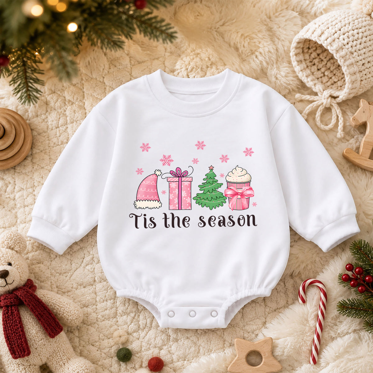 Christmas Girl Baby Romper, Tis the Season Pink Holiday Outfit, Tree Gift Cupcake Romper, Cute Toddler 1st Christmas Gift — product view 3
