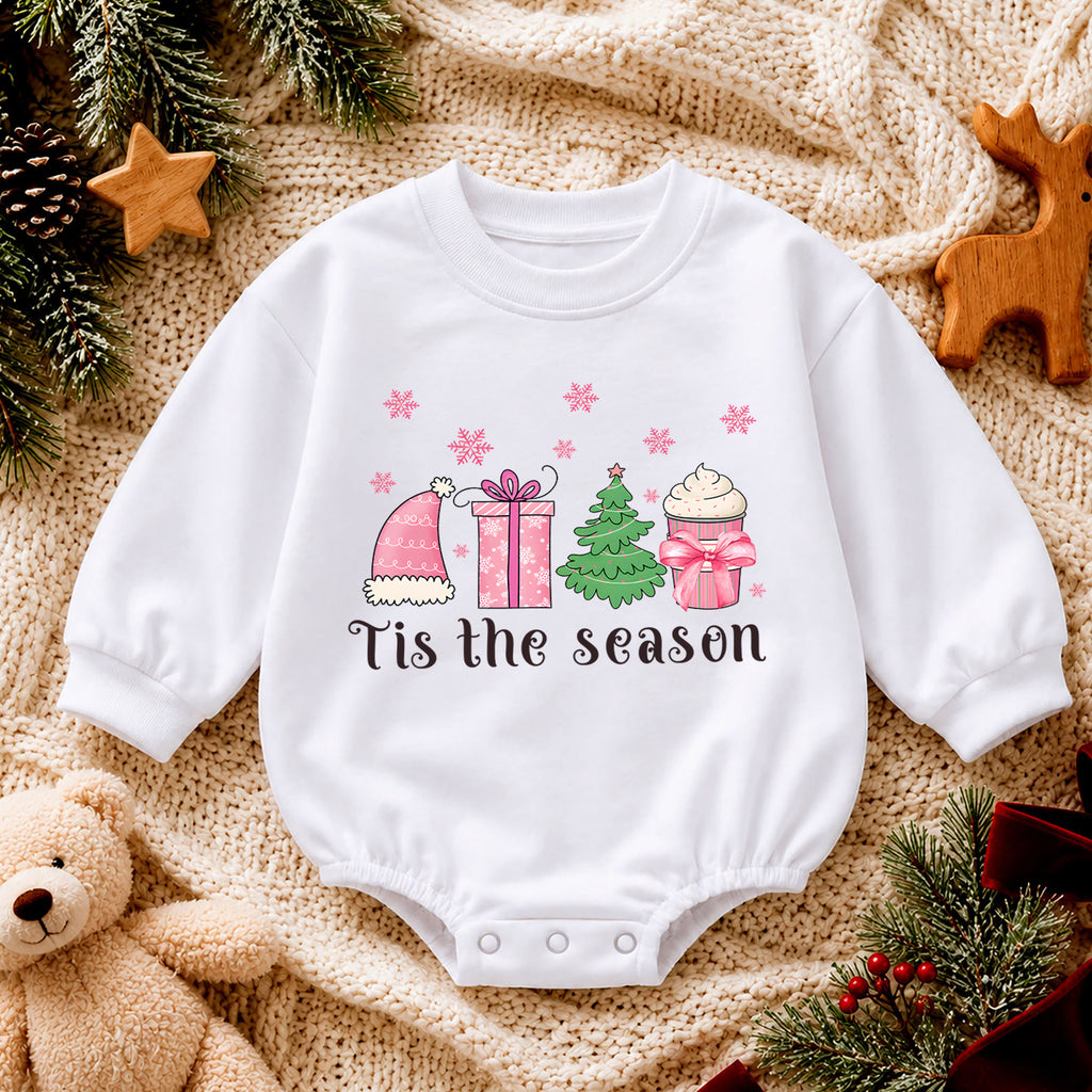 Christmas Girl Baby Romper, Tis the Season Pink Holiday Outfit, Tree Gift Cupcake Romper, Cute Toddler 1st Christmas Gift — product view 4