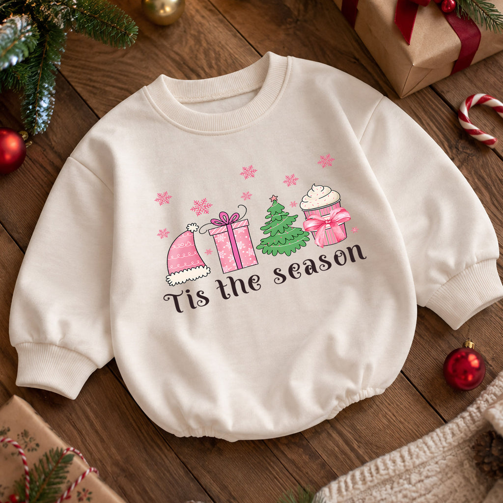 Christmas Girl Baby Romper, Tis the Season Pink Holiday Outfit, Tree Gift Cupcake Romper, Cute Toddler 1st Christmas Gift — product view 5
