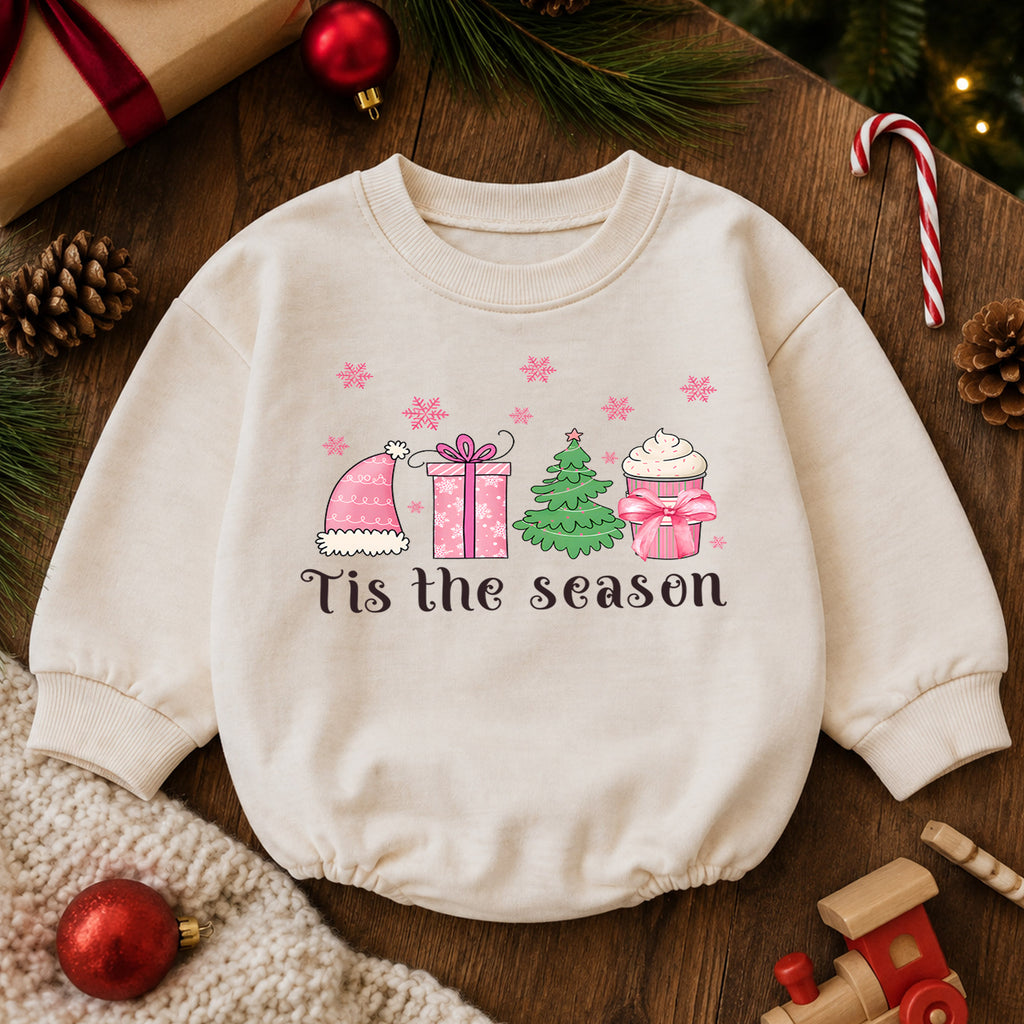 Christmas Girl Baby Romper, Tis the Season Pink Holiday Outfit, Tree Gift Cupcake Romper, Cute Toddler 1st Christmas Gift — product view 6