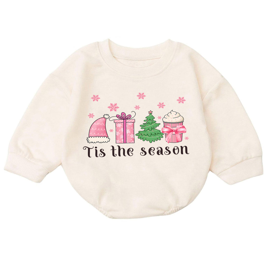 Christmas Girl Baby Romper, Tis the Season Pink Holiday Outfit, Tree Gift Cupcake Romper, Cute Toddler 1st Christmas Gift — product view 7