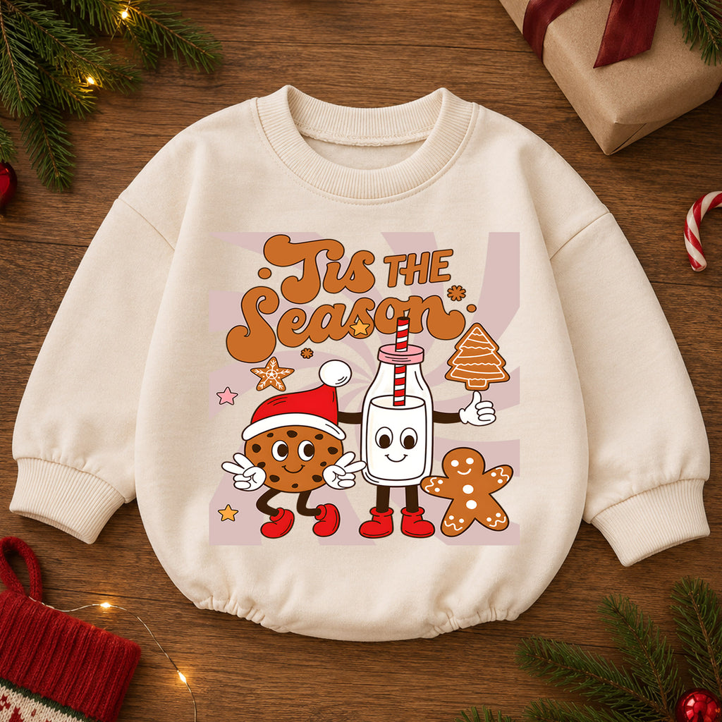 Retro Christmas Baby Romper, Tis the Season Milk Cookie Outfit, Gingerbread Holiday Romper, Cute Toddler 1st Christmas Gift — product view 2