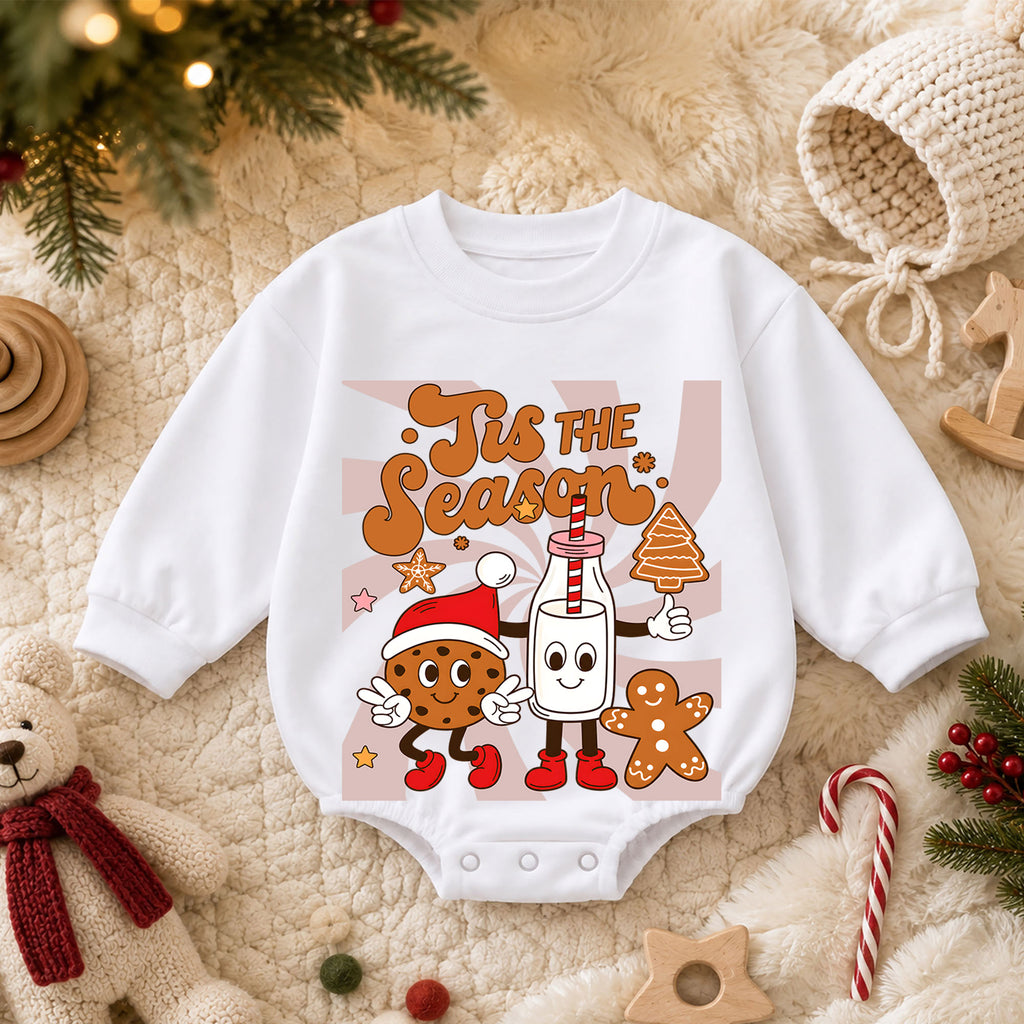 Retro Christmas Baby Romper, Tis the Season Milk Cookie Outfit, Gingerbread Holiday Romper, Cute Toddler 1st Christmas Gift — product view 3