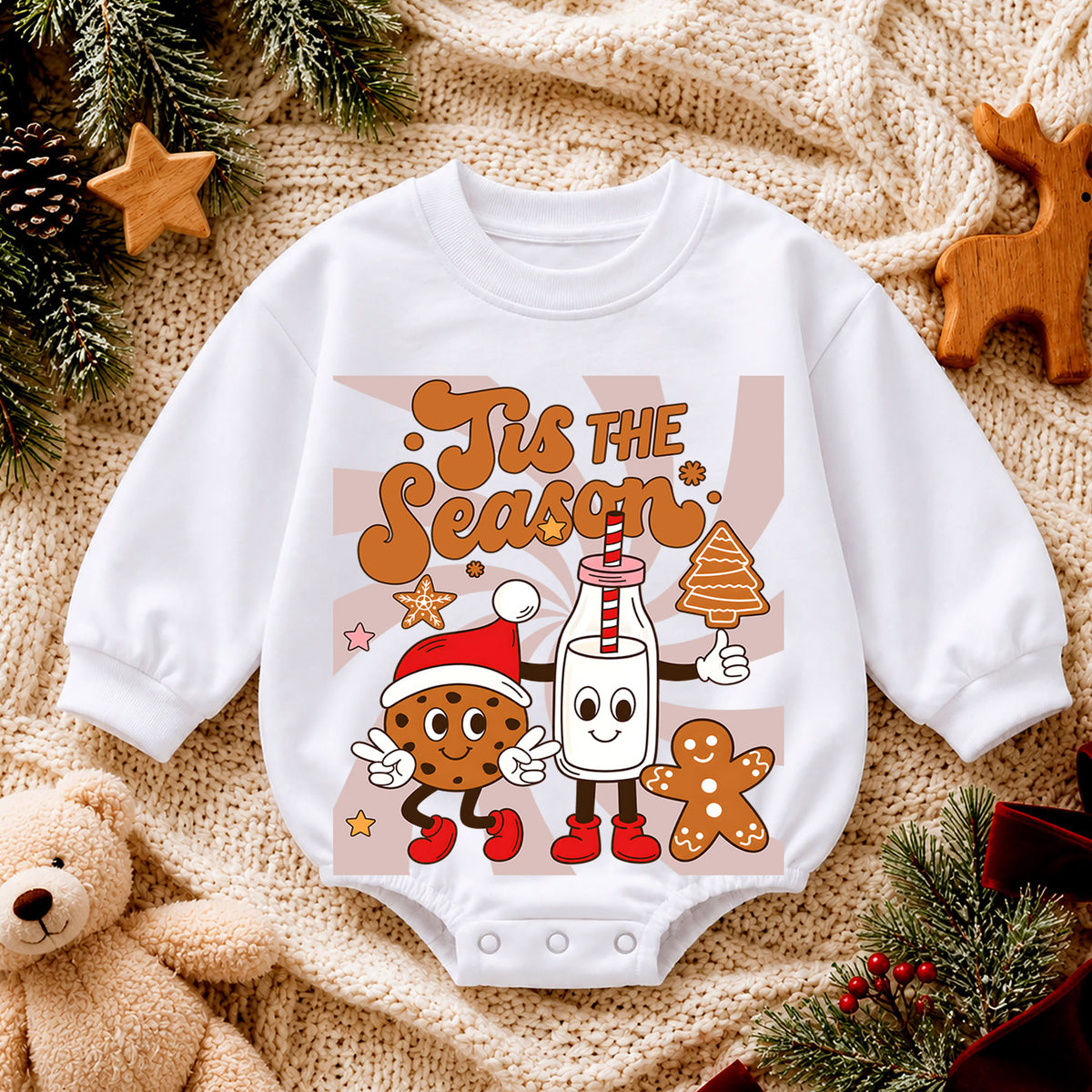 Retro Christmas Baby Romper, Tis the Season Milk Cookie Outfit, Gingerbread Holiday Romper, Cute Toddler 1st Christmas Gift — product view 4