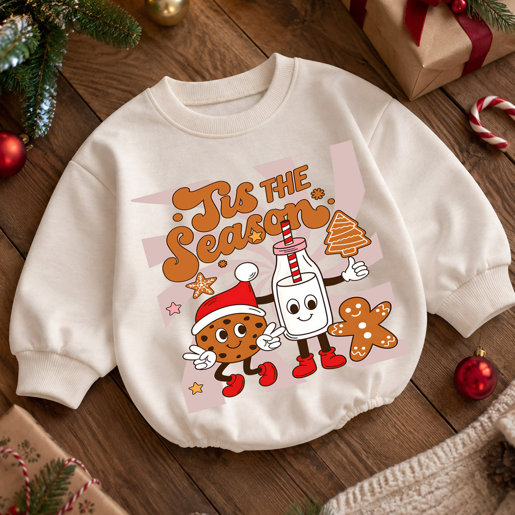 Retro Christmas Baby Romper, Tis the Season Milk Cookie Outfit, Gingerbread Holiday Romper, Cute Toddler 1st Christmas Gift — product view 5