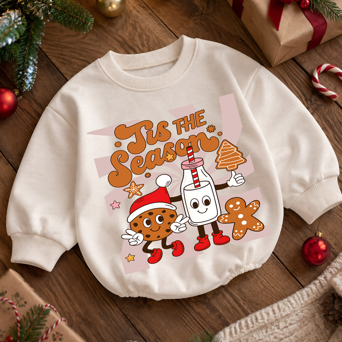 Retro Christmas Baby Romper, Tis the Season Milk Cookie Outfit, Gingerbread Holiday Romper, Cute Toddler 1st Christmas Gift — product view 5