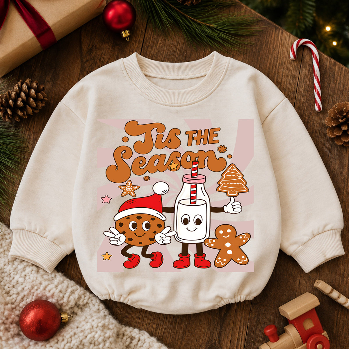 Retro Christmas Baby Romper, Tis the Season Milk Cookie Outfit, Gingerbread Holiday Romper, Cute Toddler 1st Christmas Gift — product view 6