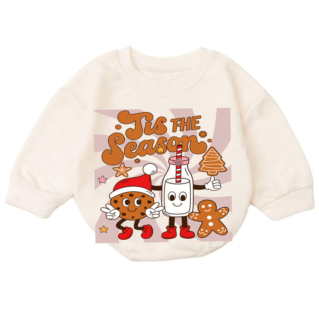 Retro Christmas Baby Romper, Tis the Season Milk Cookie Outfit, Gingerbread Holiday Romper, Cute Toddler 1st Christmas Gift — product view 7