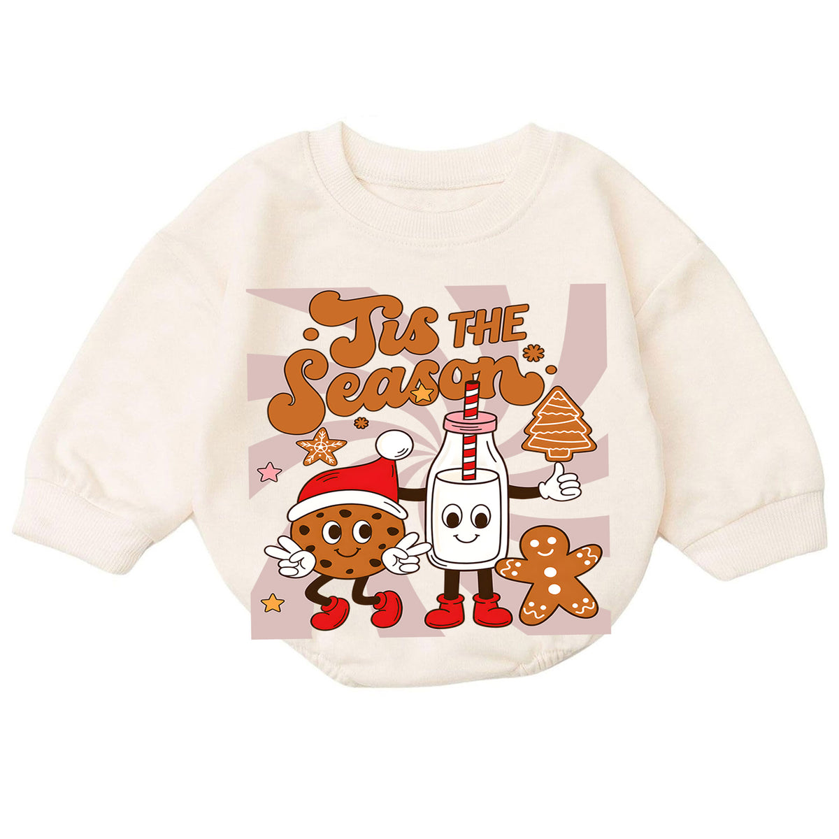 Retro Christmas Baby Romper, Tis the Season Milk Cookie Outfit, Gingerbread Holiday Romper, Cute Toddler 1st Christmas Gift — product view 7