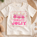 Holly Jolly Girls Christmas Shirt, Pink Christmas Tree Holiday Tee, Retro Pink Xmas T Shirt, Cute Festive Gift for Girls — product view 1