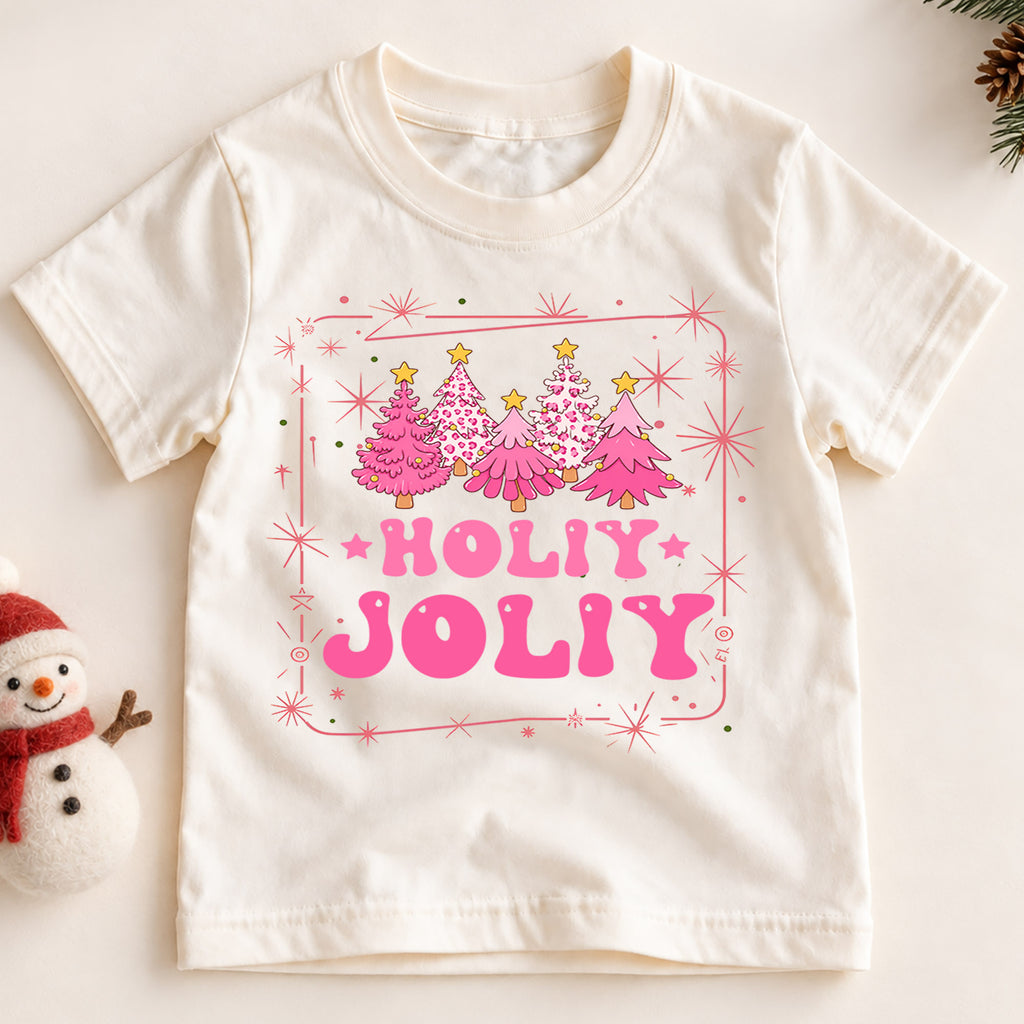 Holly Jolly Girls Christmas Shirt, Pink Christmas Tree Holiday Tee, Retro Pink Xmas T Shirt, Cute Festive Gift for Girls — product view 2