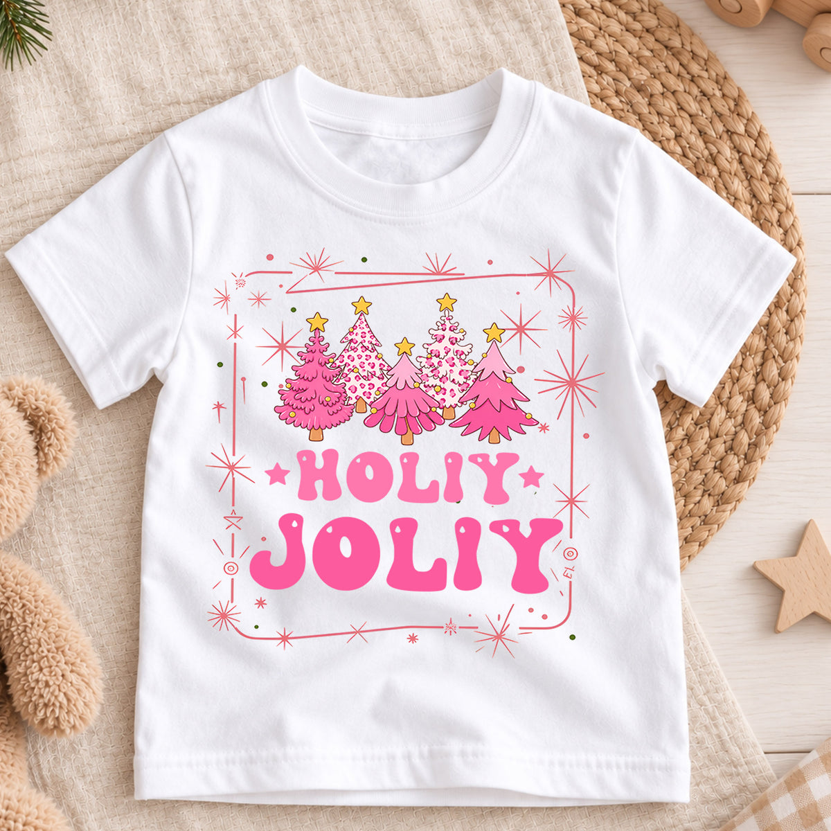 Holly Jolly Girls Christmas Shirt, Pink Christmas Tree Holiday Tee, Retro Pink Xmas T Shirt, Cute Festive Gift for Girls — product view 3