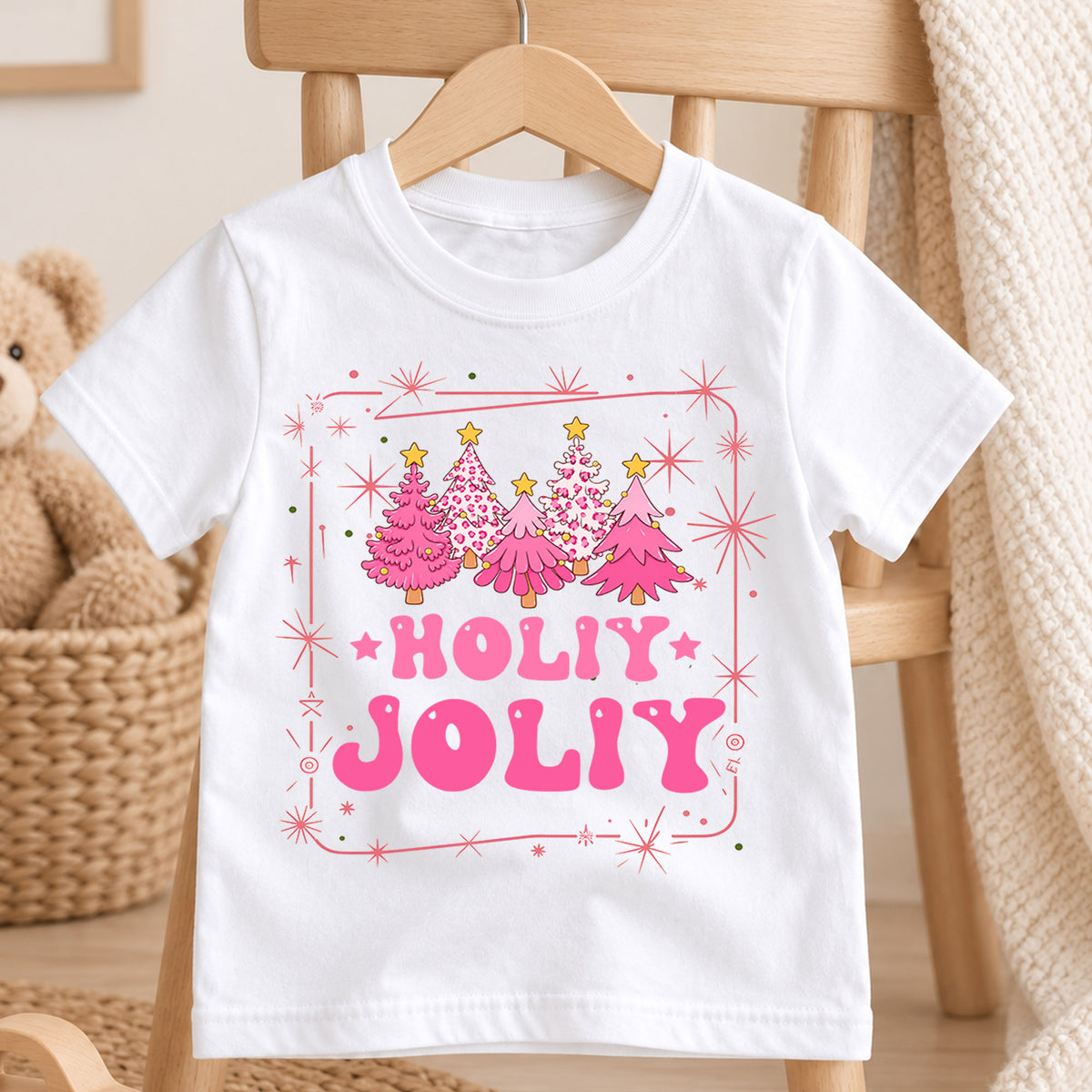Holly Jolly Girls Christmas Shirt, Pink Christmas Tree Holiday Tee, Retro Pink Xmas T Shirt, Cute Festive Gift for Girls — product view 4