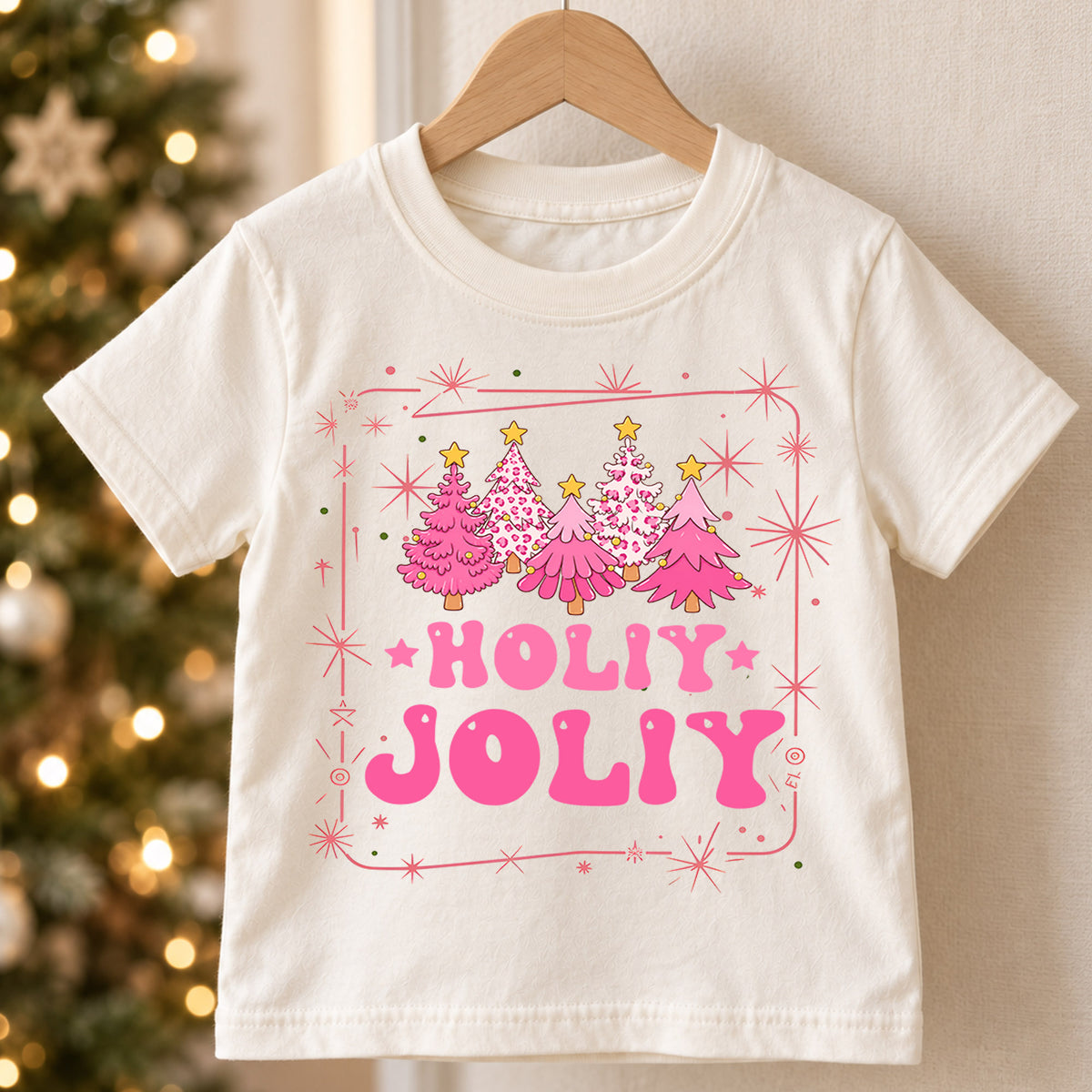 Holly Jolly Girls Christmas Shirt, Pink Christmas Tree Holiday Tee, Retro Pink Xmas T Shirt, Cute Festive Gift for Girls — product view 5