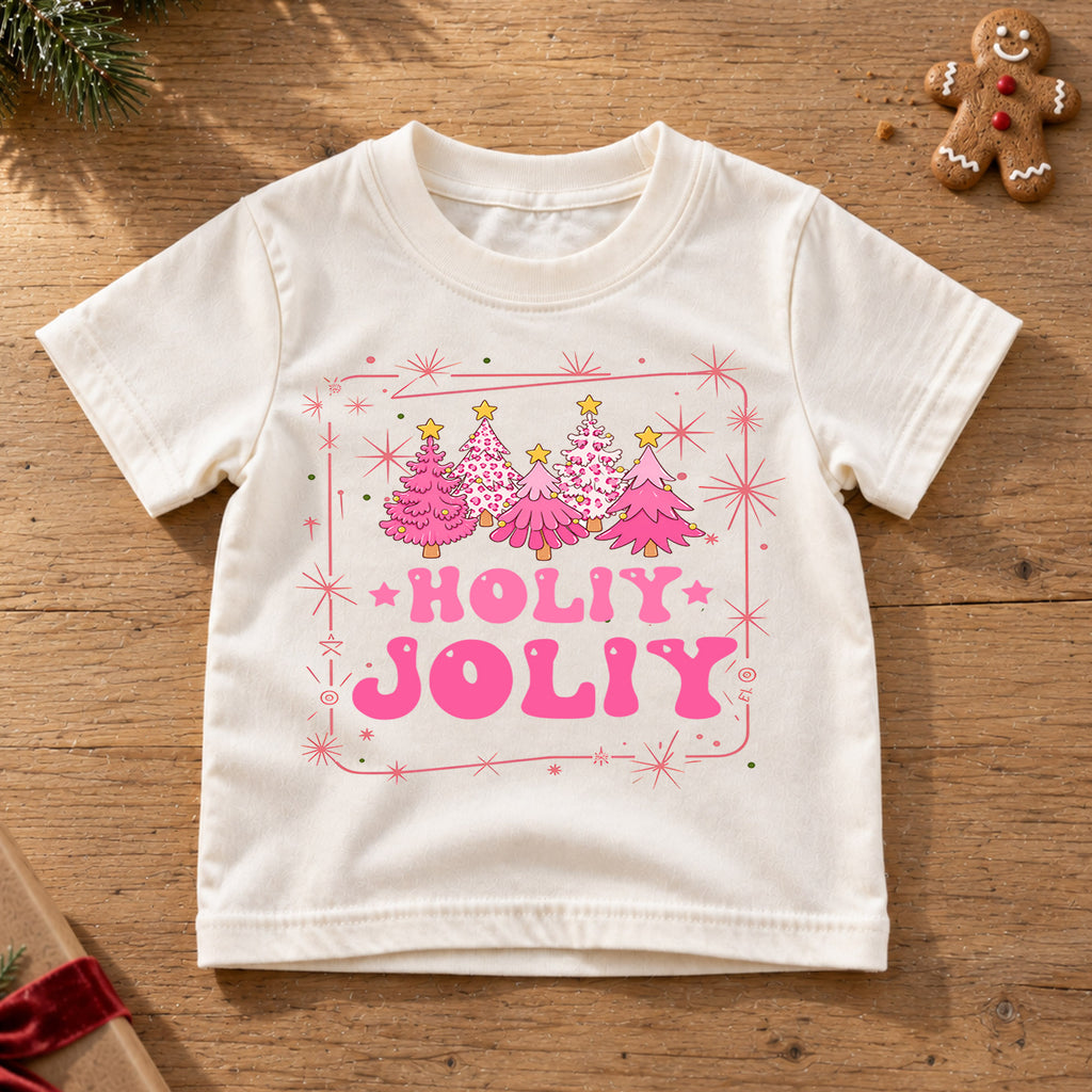 Holly Jolly Girls Christmas Shirt, Pink Christmas Tree Holiday Tee, Retro Pink Xmas T Shirt, Cute Festive Gift for Girls — product view 6