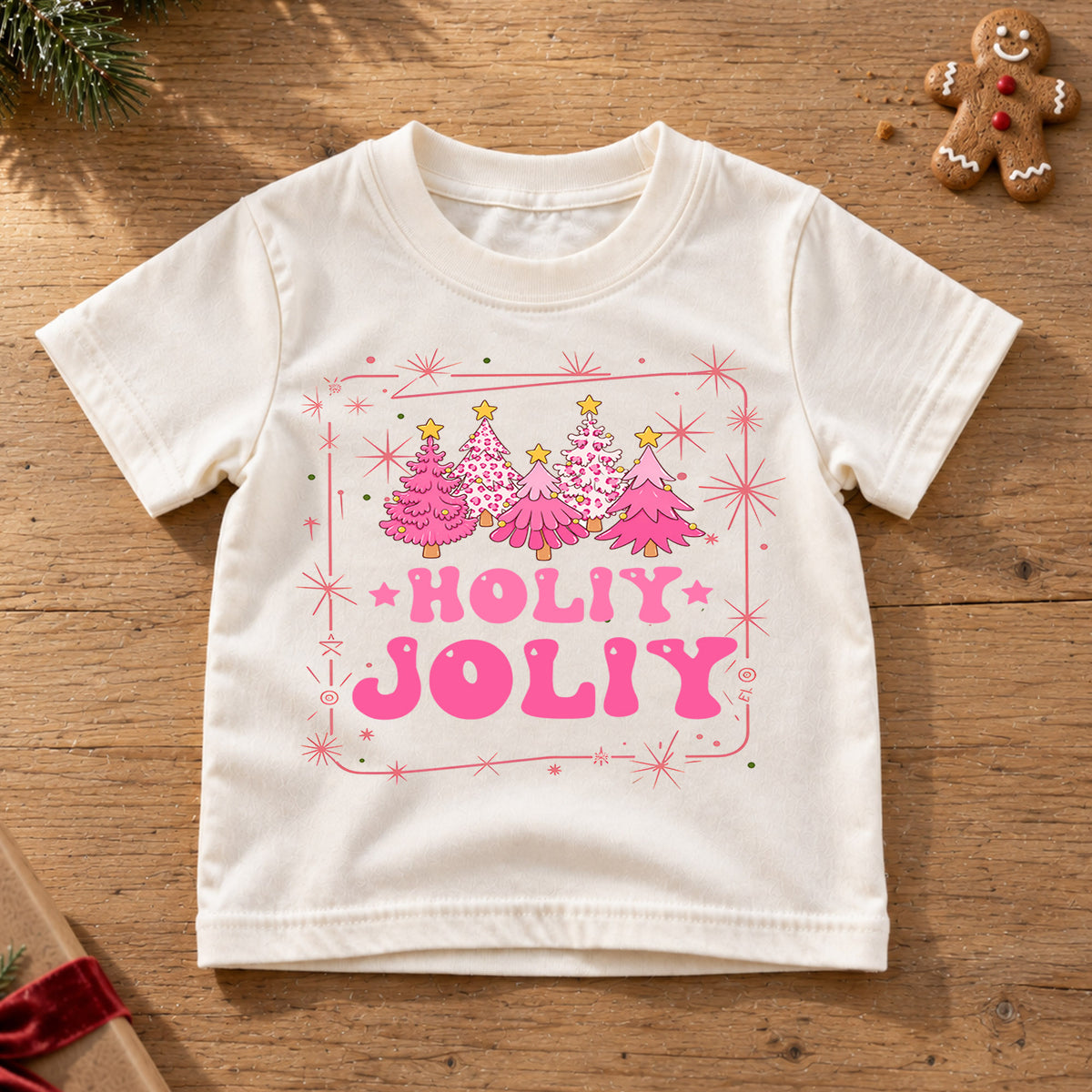 Holly Jolly Girls Christmas Shirt, Pink Christmas Tree Holiday Tee, Retro Pink Xmas T Shirt, Cute Festive Gift for Girls — product view 6