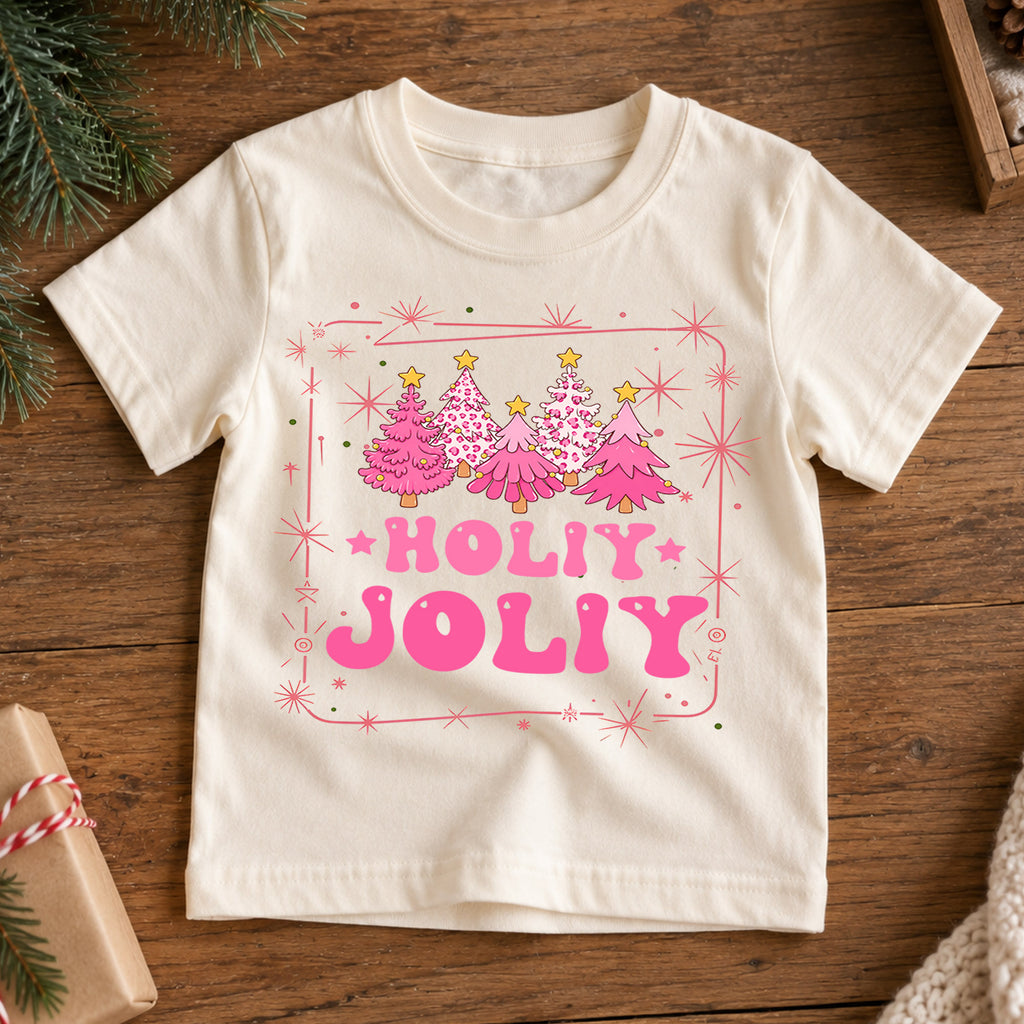 Holly Jolly Girls Christmas Shirt, Pink Christmas Tree Holiday Tee, Retro Pink Xmas T Shirt, Cute Festive Gift for Girls — product view 7