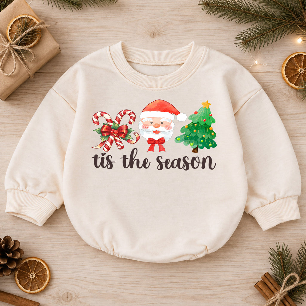 Christmas Baby Romper, Santa Candy Cane Tree Outfit, Cute Holiday Romper for Toddler, Tis the Season Baby Christmas Gift — product view 1