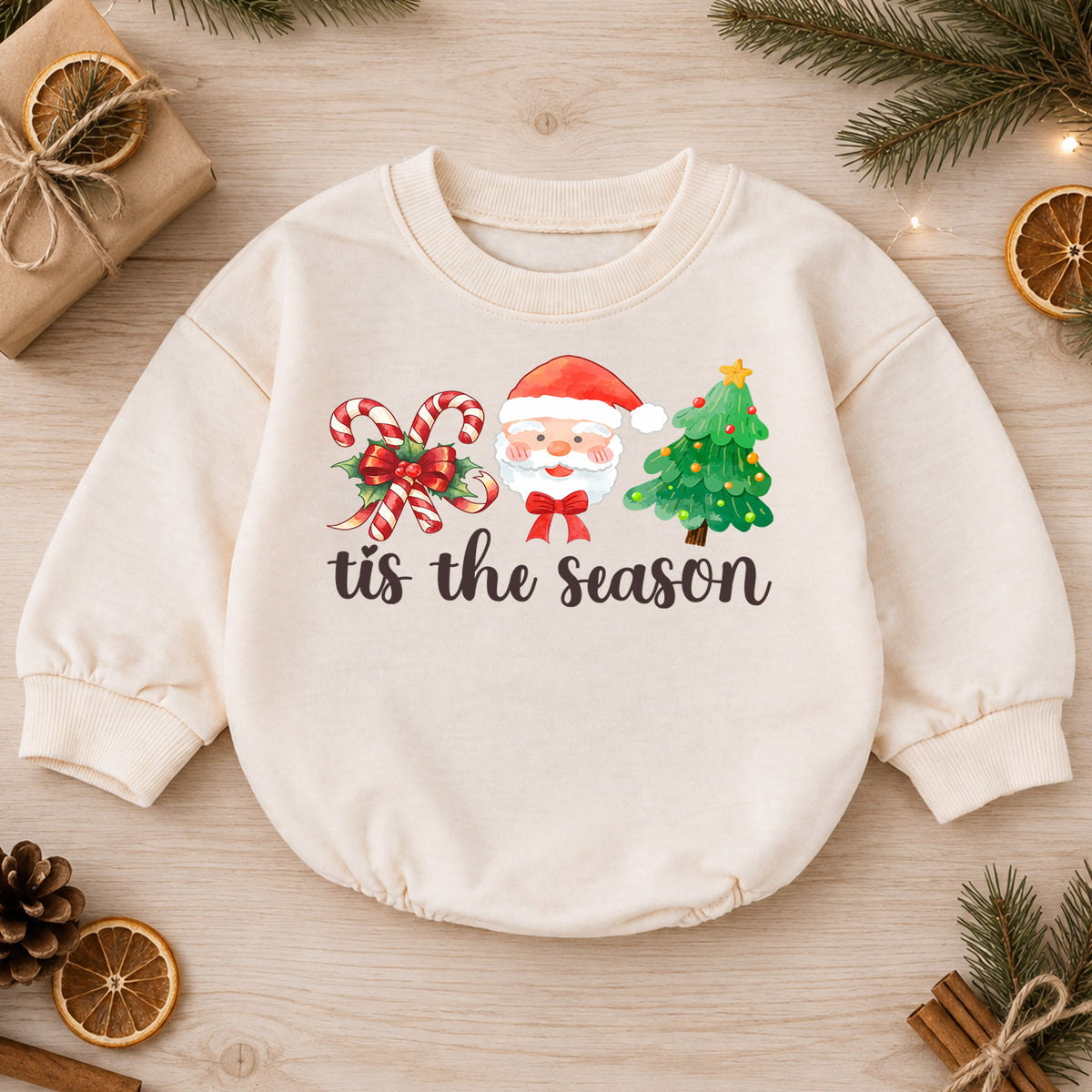 Christmas Baby Romper, Santa Candy Cane Tree Outfit, Cute Holiday Romper for Toddler, Tis the Season Baby Christmas Gift — product view 1