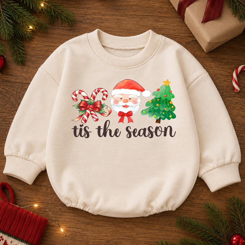 Christmas Baby Romper, Santa Candy Cane Tree Outfit, Cute Holiday Romper for Toddler, Tis the Season Baby Christmas Gift — product view 2