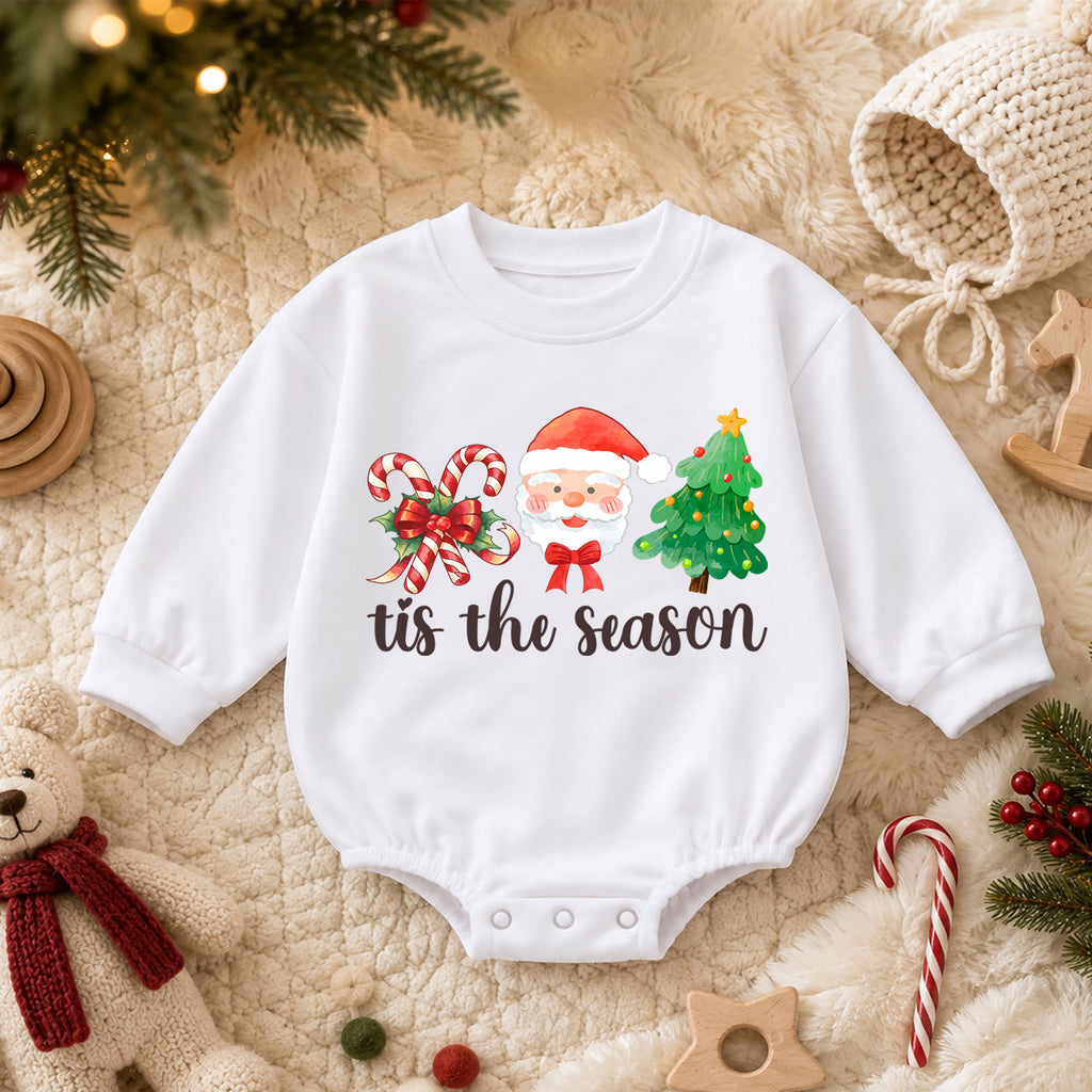 Christmas Baby Romper, Santa Candy Cane Tree Outfit, Cute Holiday Romper for Toddler, Tis the Season Baby Christmas Gift — product view 3