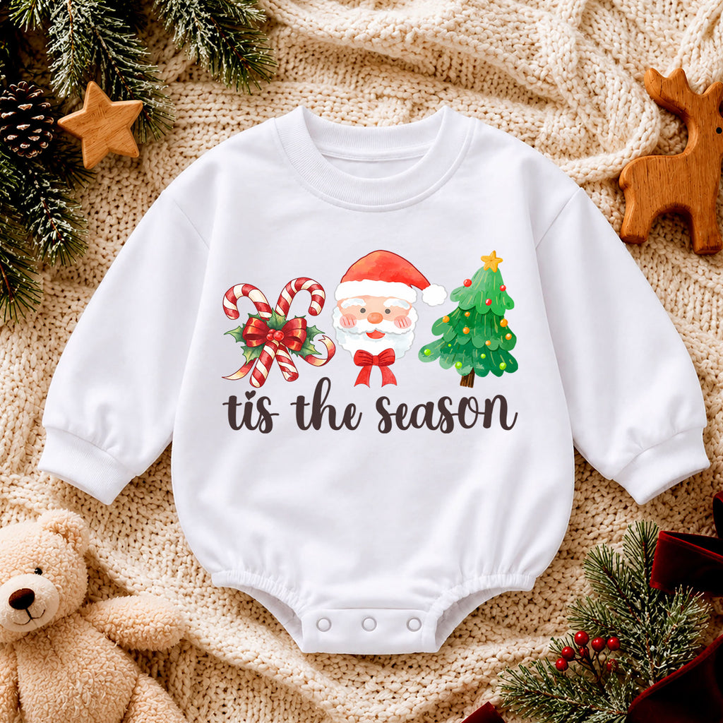 Christmas Baby Romper, Santa Candy Cane Tree Outfit, Cute Holiday Romper for Toddler, Tis the Season Baby Christmas Gift — product view 4