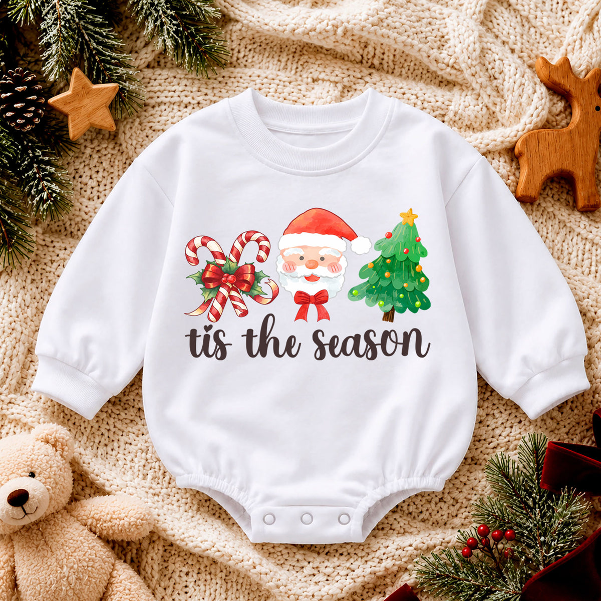 Christmas Baby Romper, Santa Candy Cane Tree Outfit, Cute Holiday Romper for Toddler, Tis the Season Baby Christmas Gift — product view 4