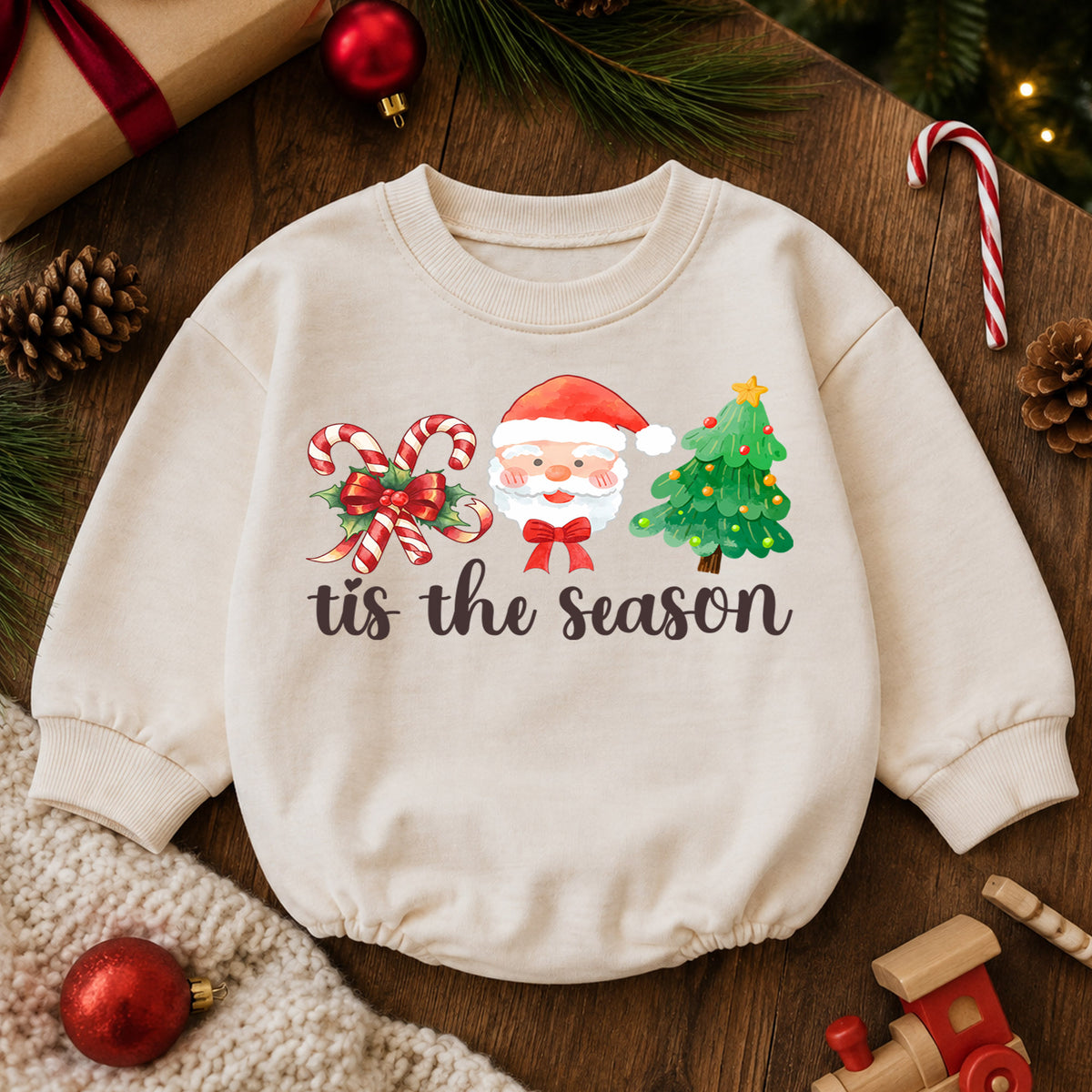 Christmas Baby Romper, Santa Candy Cane Tree Outfit, Cute Holiday Romper for Toddler, Tis the Season Baby Christmas Gift — product view 6